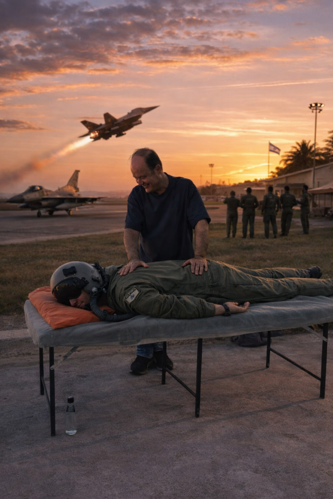 מטפל מעניק טיפול לטייס לפני משימה בבסיס חיל האוויר